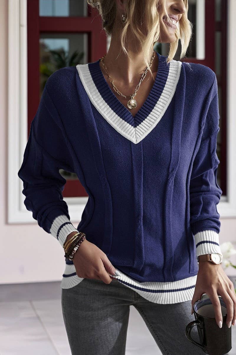 CWOSWL07520_MINIMAL V-NECK COLORBLOCK KNIT SWEATER