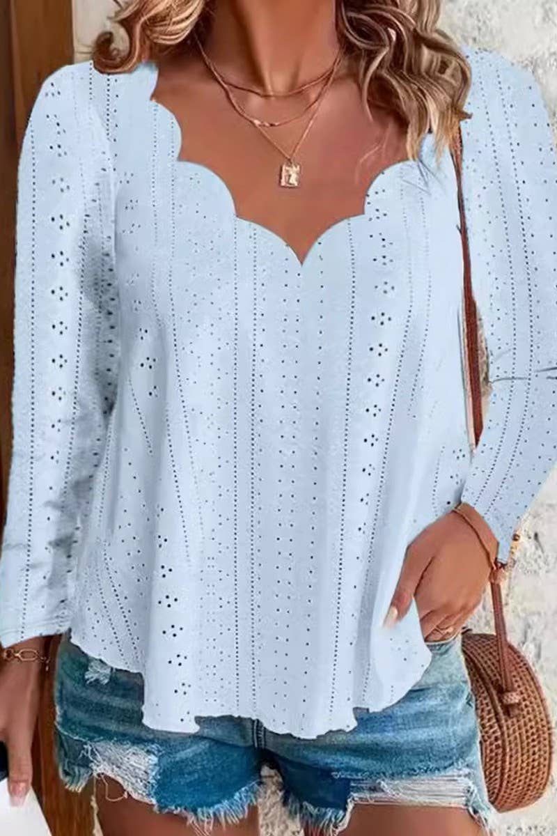 CWTBLL2869_SOLID COLOR WAVE NECK BREATHABLE LONG SLEEVE TOP