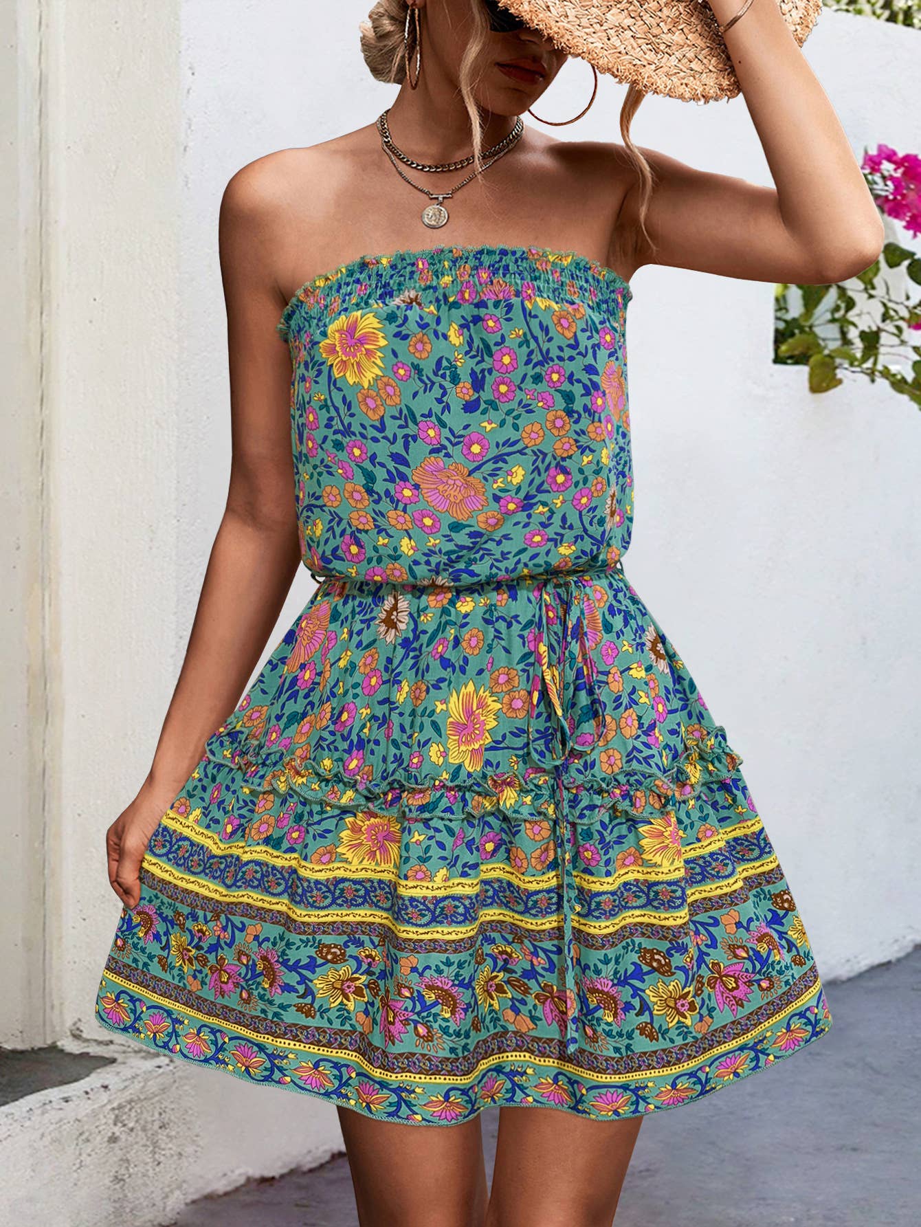 Bohemian print strapless cinched waist dress