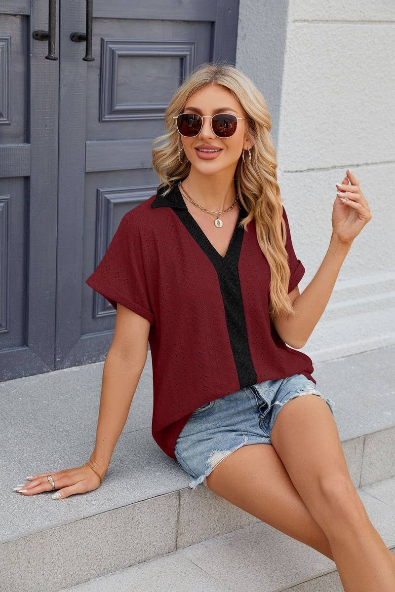 CWTTS0832_V-Neck Short Sleeve Knit Top