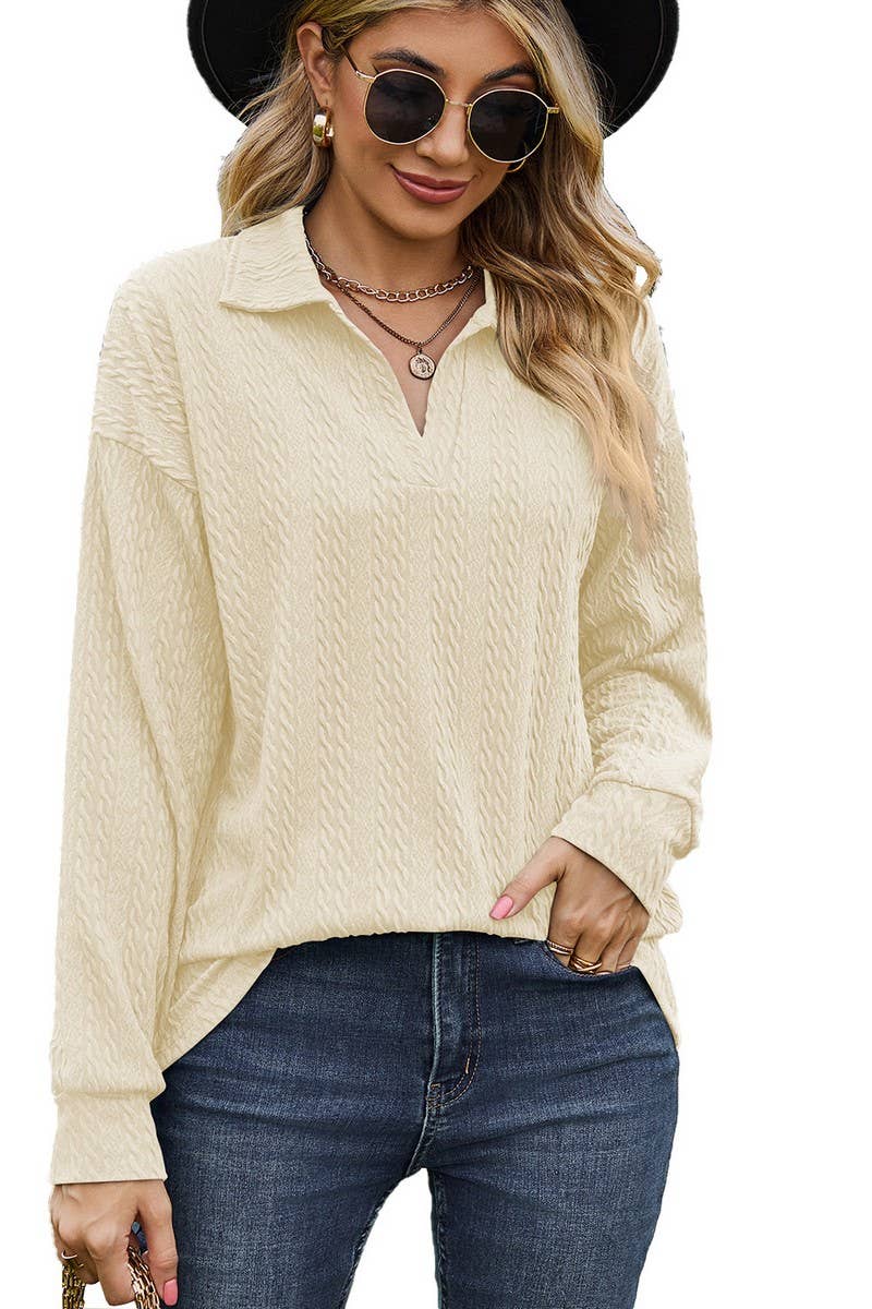 CWTBLL2376_SOLID COLOR LAPEL BUTTON LOOSE CASUAL TOP