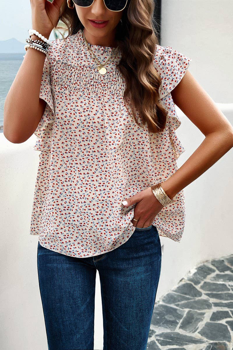 CWTBLSL0065_Round Neck Floral Ruffle Sleeveless Top