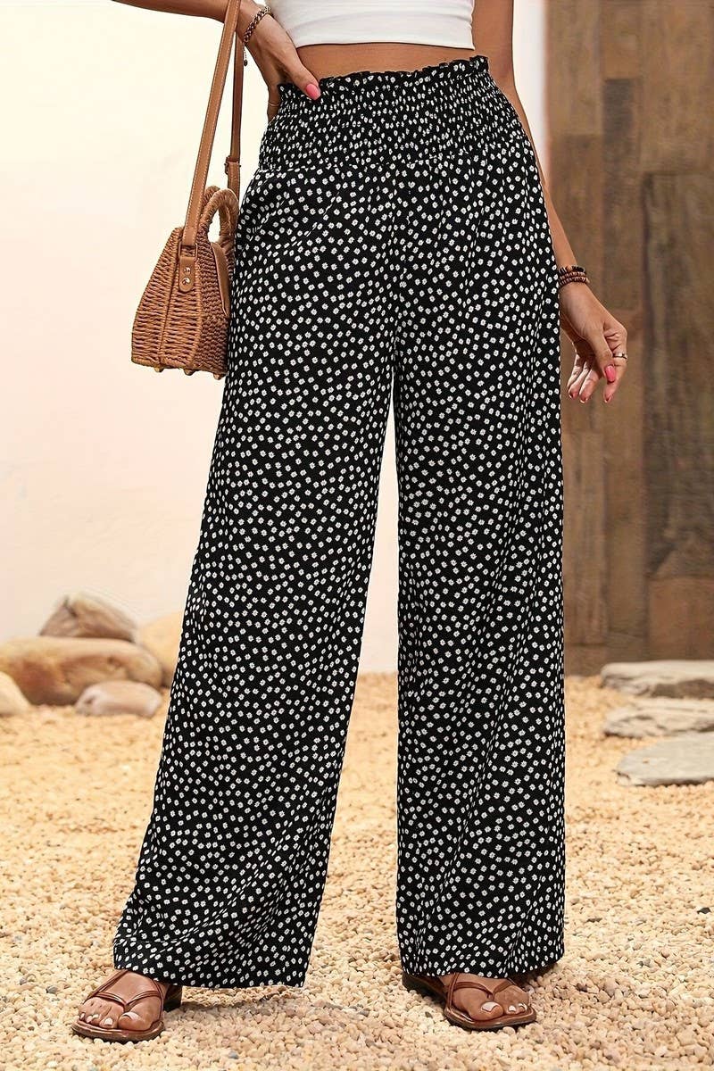 CWBLP2072_HIGH WAIST FLORAL FLARED DRAPED SUMMER PANTS