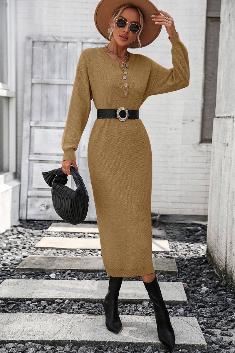 CWDMD538  Long Sleeve Loose V-Neck Button Tops Long Sweater