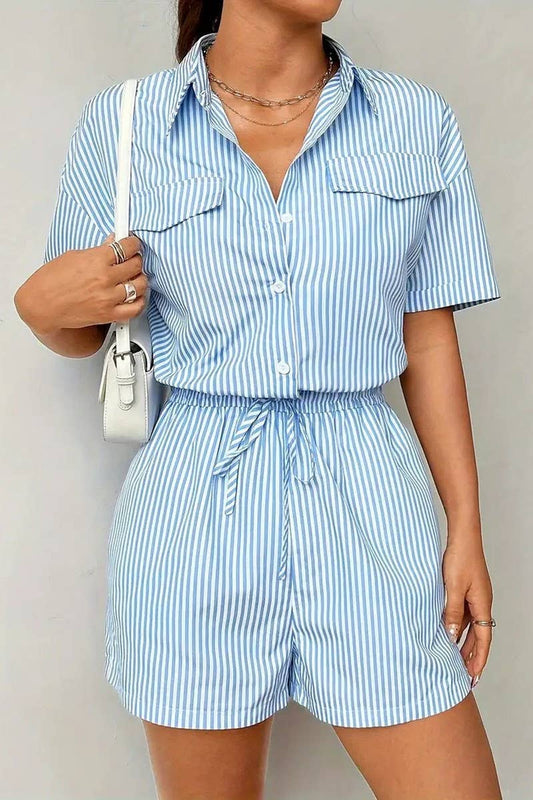 CWSS1216_STRIPED BUTTON CASUAL SHORT SLEEVE WAIST JUMPSUIT