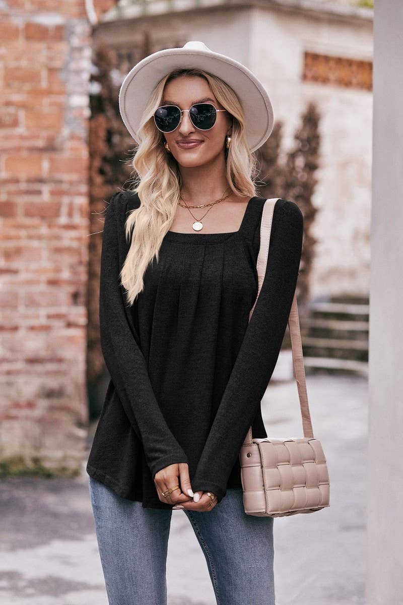 CWTBLL1836_PUFF SLEEVE SQUARE NECK PLEATED LONG SLEEVE TOP