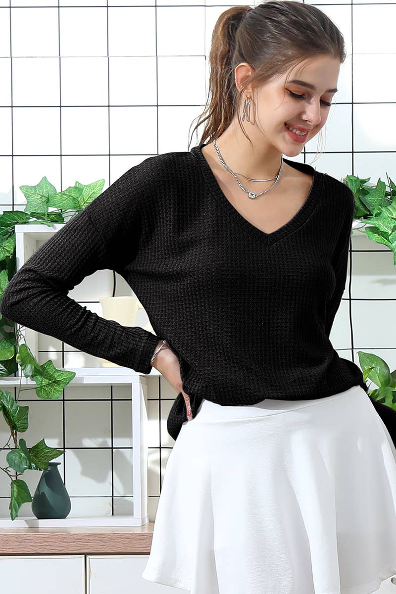 CWTTL1007_V NECK LOOSE LONG SLEEVE KNIT SWEATER TUNIC TOP