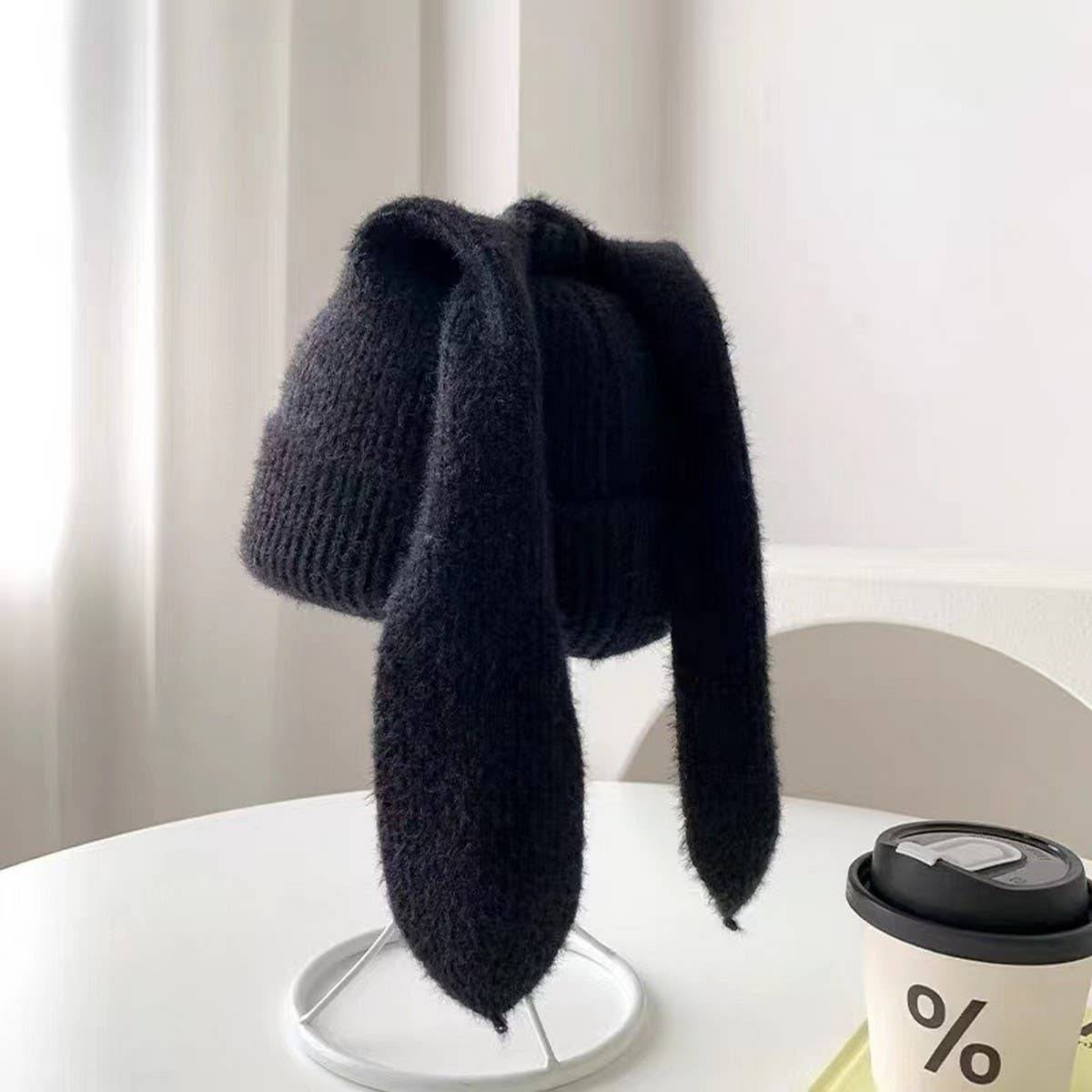 CWAH2212_SOLID COLOR LONG EAR RABBIT KNITTED WOOL HAT
