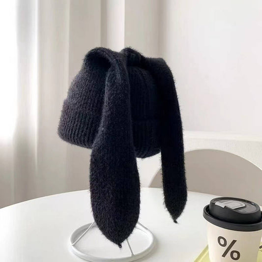 CWAH2212_SOLID COLOR LONG EAR RABBIT KNITTED WOOL HAT