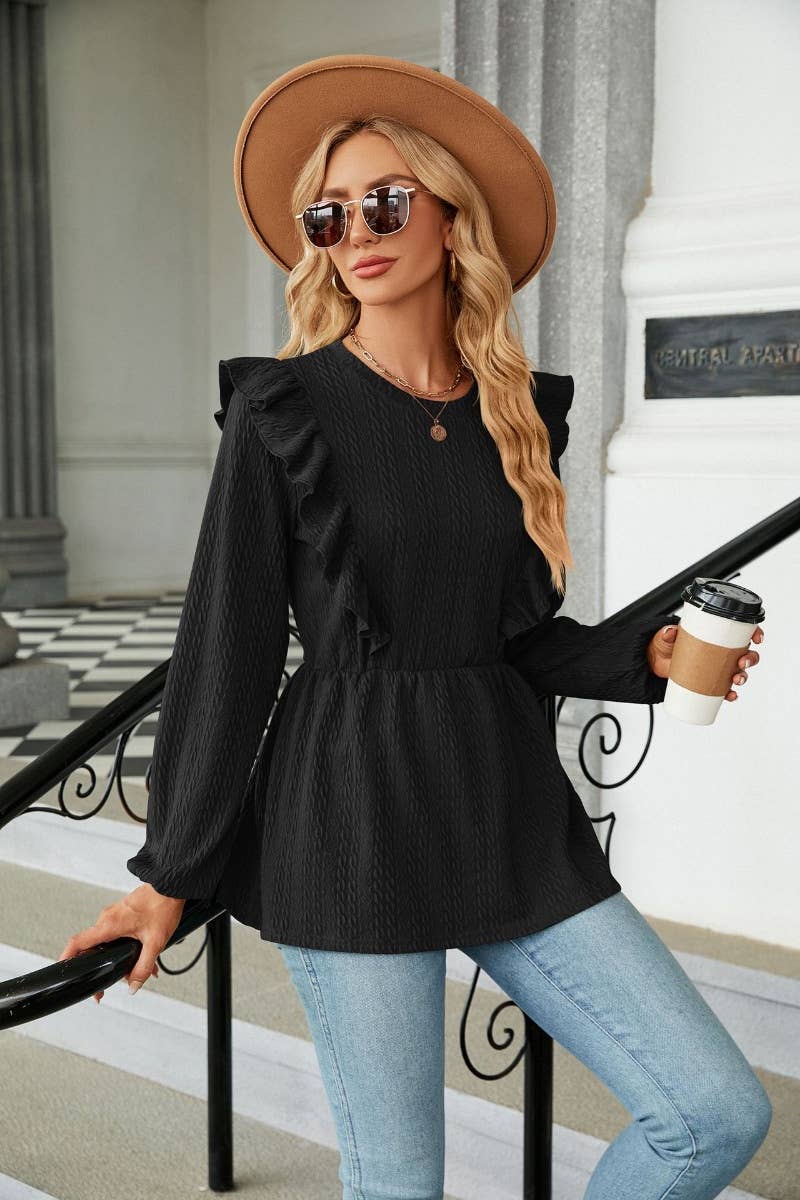 CWTBLL2827_AUTUMN LONG SLEEVE SOLID COLOR PLEATED TOP