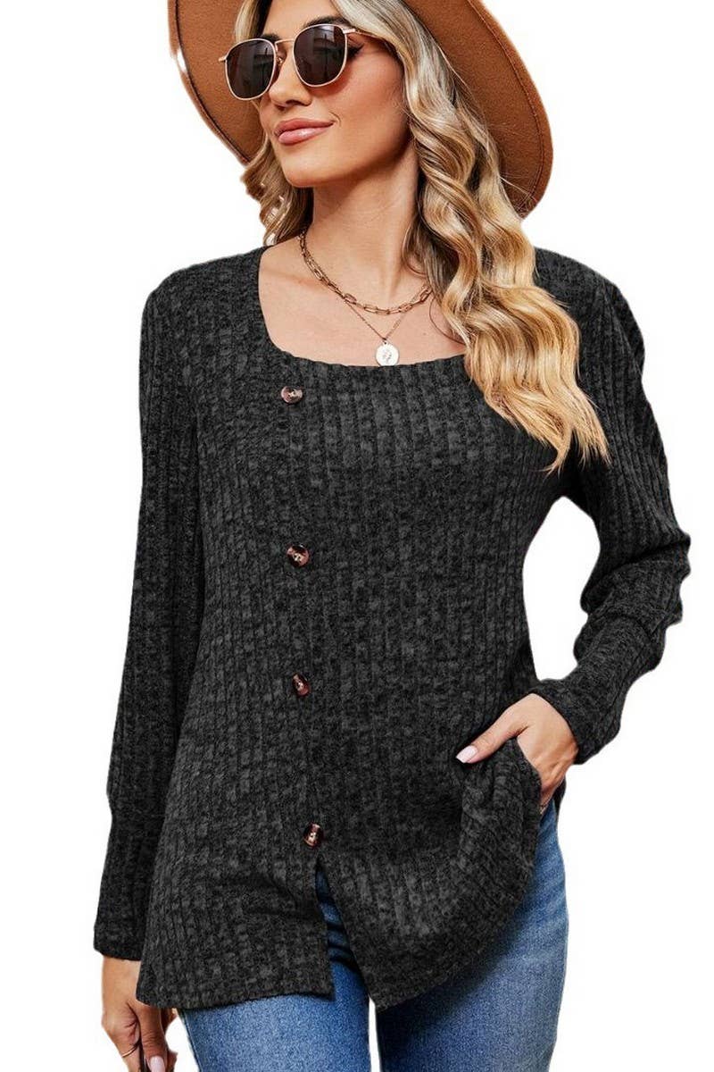 CWTBLL2372_SQUARE COLLAR BUTTON-DOWN LONG SLEEVE LOOSE TOP