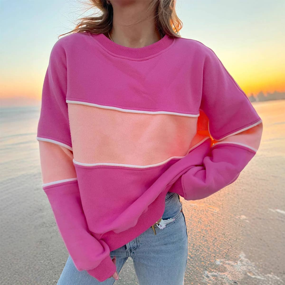 COLOR CONTRAST STITCHING CASUAL LOOSE HOODIE