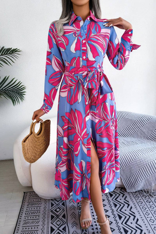 CWDMD2650_COLORFUL FLOWER LAPEL LACE-UP SHIRT LONG DRESS