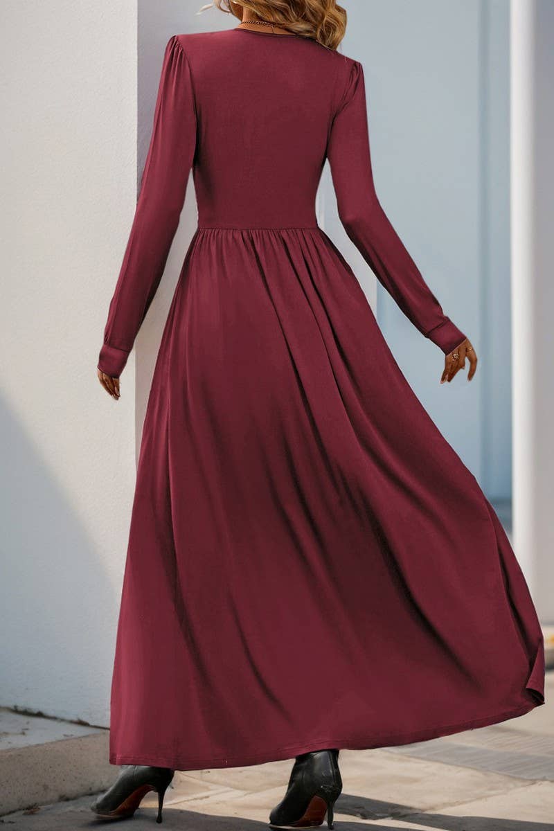 CWDMD3564_V-NECK SOLID COLOR SLIT SLIM MAXI DRESS