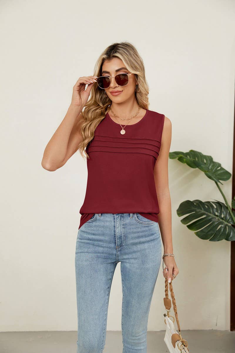 CWTBLSL0971_RUCHED SLEEVELESS CREWNECK SOLID TANK TOP