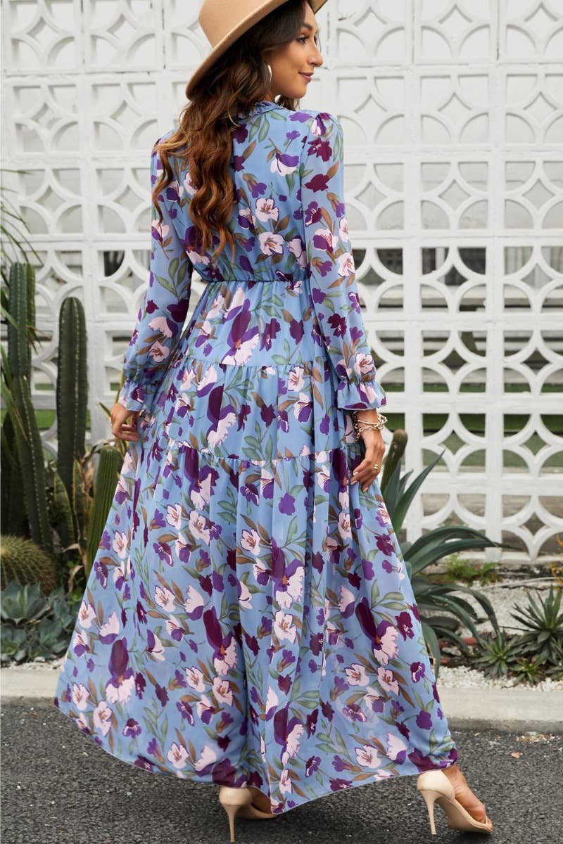 CWDMD2958_RUFFLED TIERED LONG-SLEEVED V-NECK FLORAL DRESS