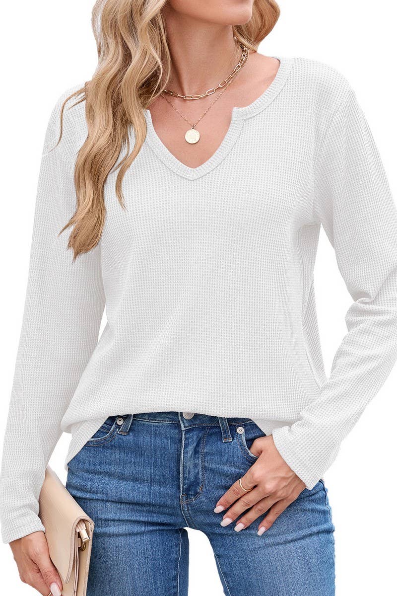CWTBLL01294_V-NECK WAFFLE LONG-SLEEVED LOOSE T-SHIRT TOP