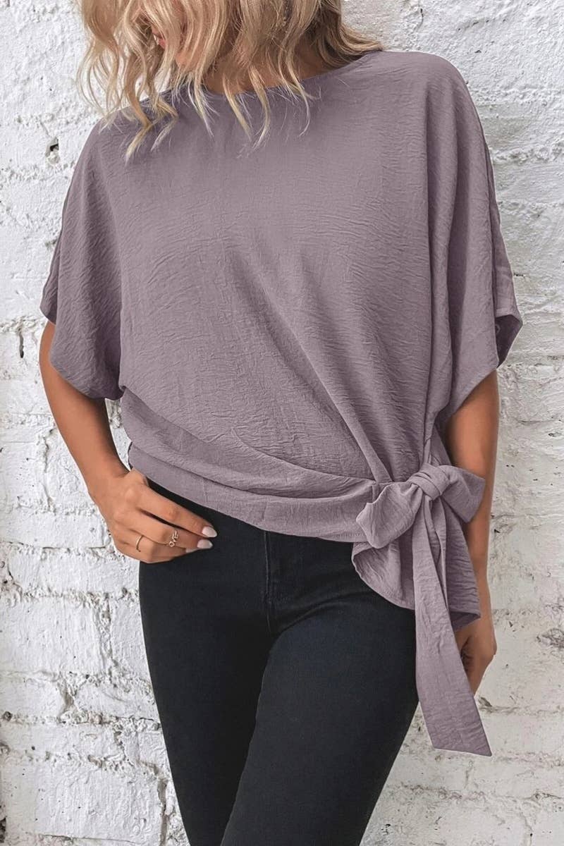 CWTBLS1135_SOLID SUMMER KNOTTED BAT SLEEVE TOP