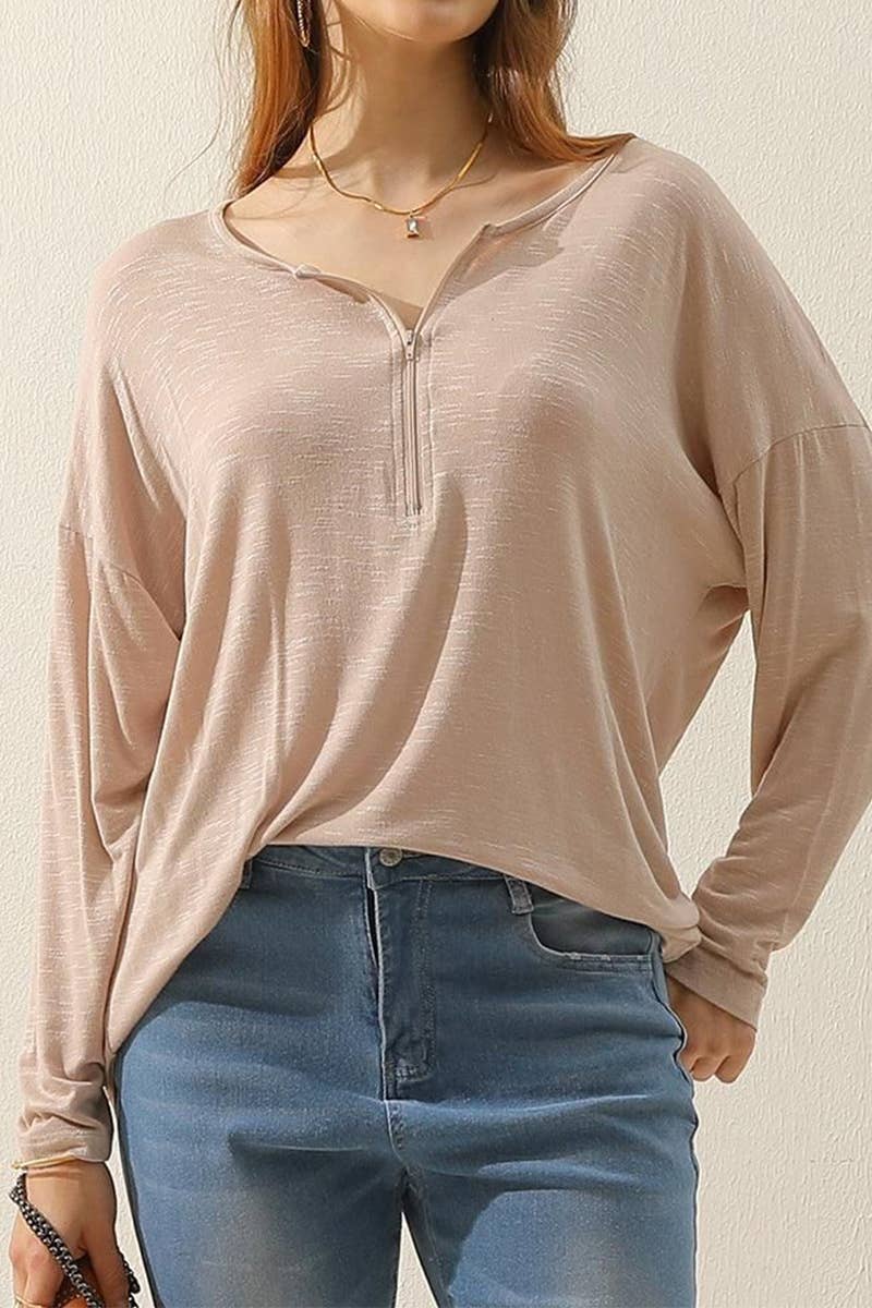 CWTTL1454_Zip Neck Long Sleeve Pullover Top