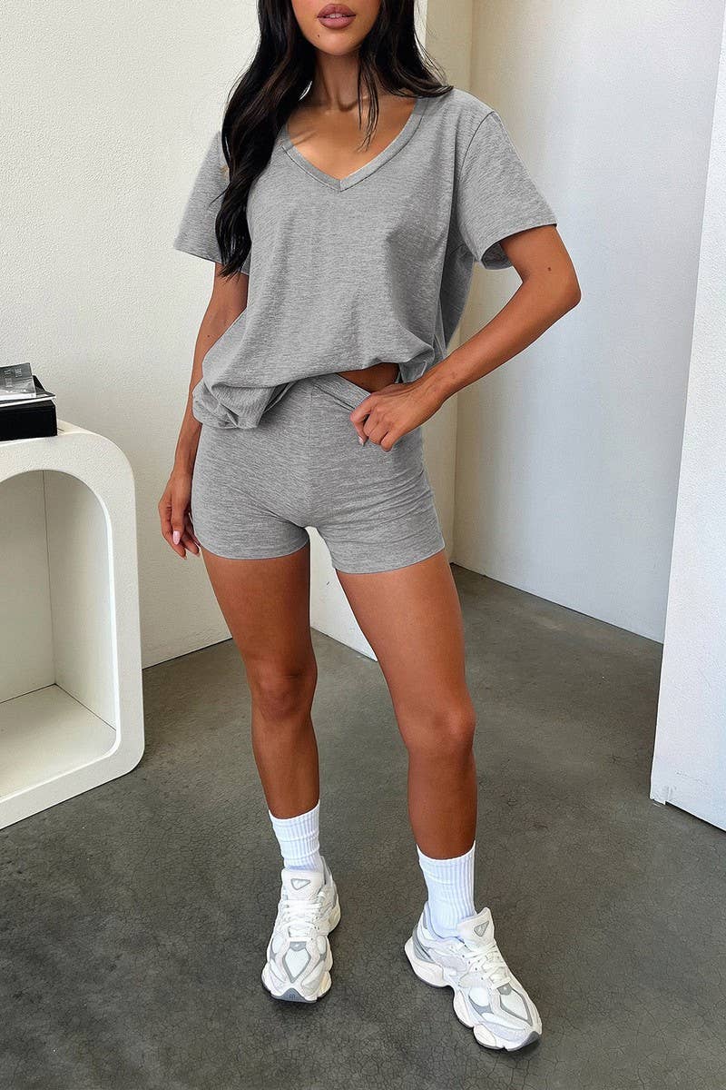 CWSS1080_V-NECK SOLID COLOR SHORT-SLEEVED SHORTS SUIT