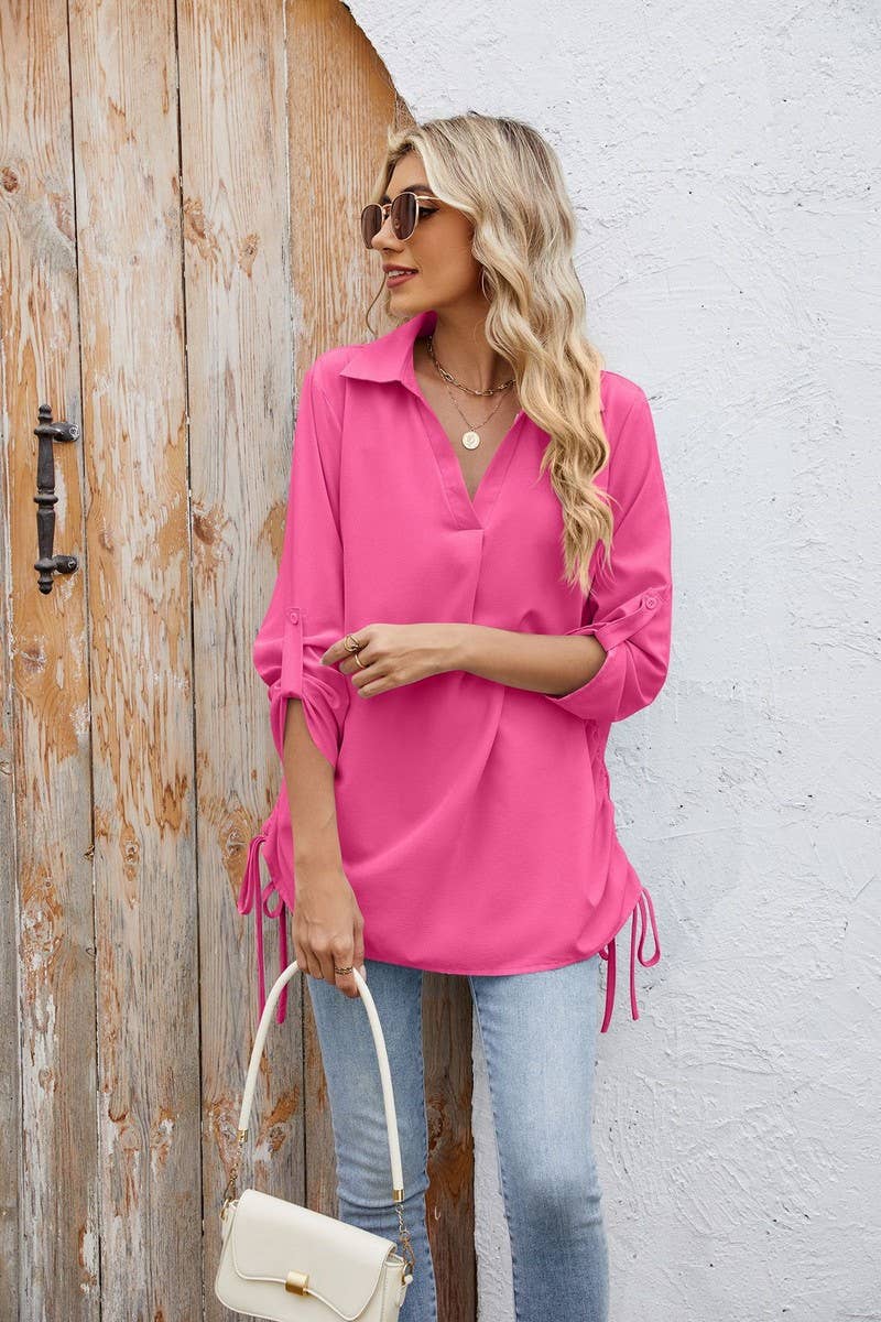 CWTBLL4020_SOLID COLLARED RUCHED 3/4 SLEEVE SHIRT DRESS TOP
