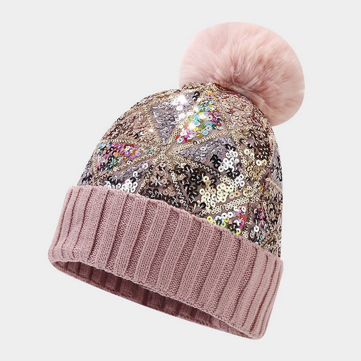 COLORFUL SEQUINED POM-POM KNITTED HAT_CWAH1613