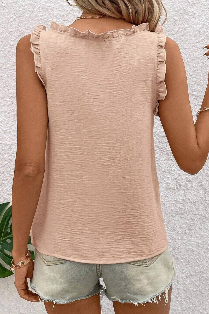 CWTTK0807_SOLID COLOR V-NECK RUFFLE SLEEVELESS TANK TOP