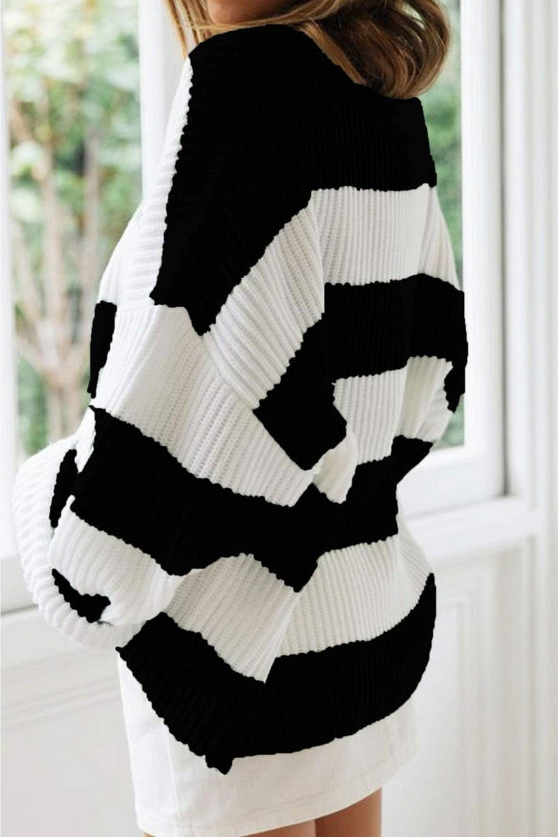 CWOSWL5734_STRIPED LOOSE CREW NECK LONG SLEEVE SWEATER TOP