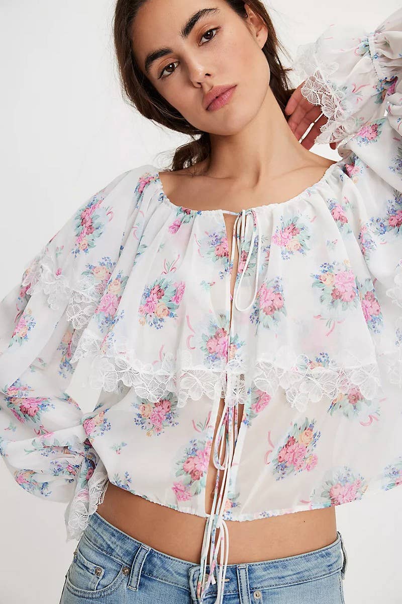 CWTTL01008_NEW SUMMER TIE WIDE FLOWER LACE CHIFFON SHIRT