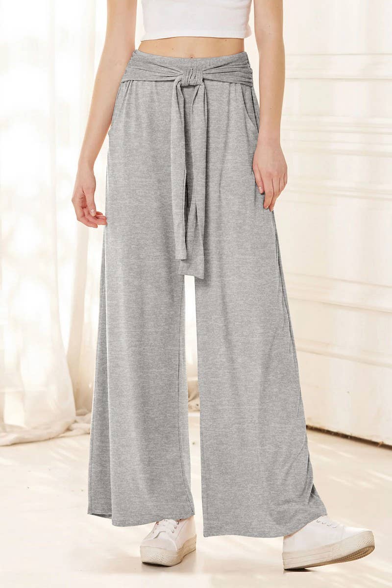 CWBLP1861_SOLID COLOR DRAPE LACE-UP WIDE-LEG PANTS