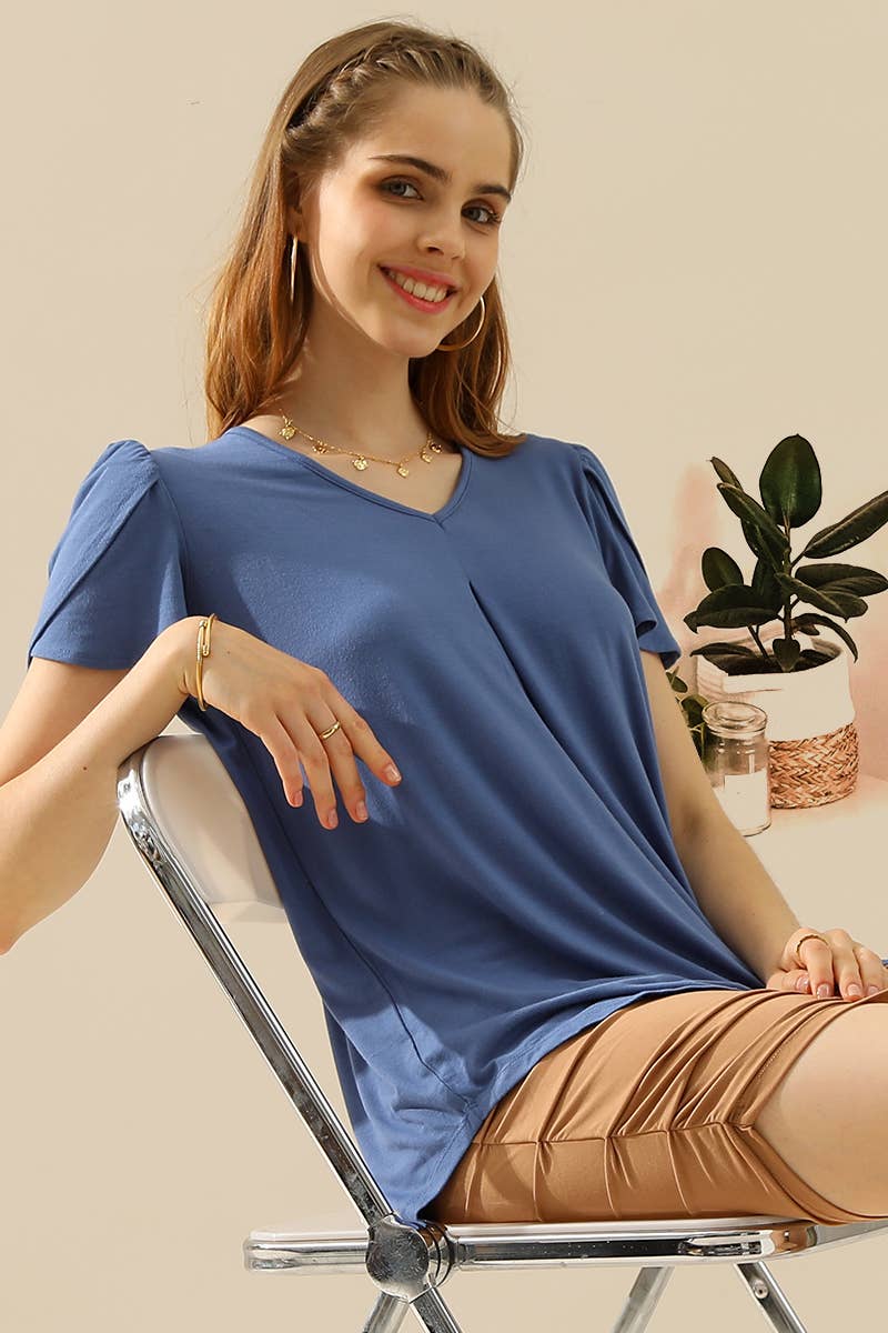 CWTTS643-P_SOLID V NECK SHORT TULIP SLEEVE TUNIC TOPS