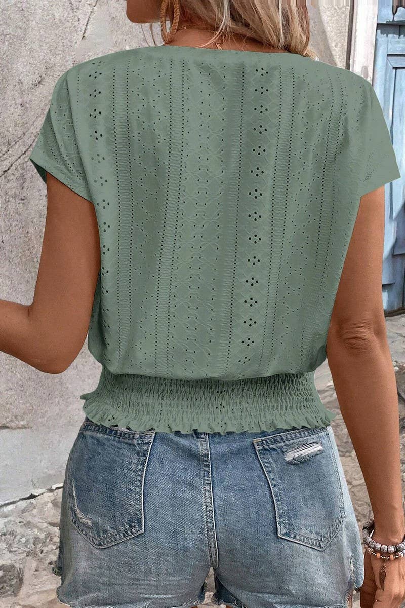 CWTBLS1793_ROUND NECK JACQUARD HOLLOW SHORT SLEEVE TOP