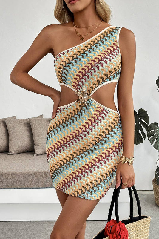 CWDSD8738_STRIPED ONE-SHOULDER CUTOUT BODYCON DRESS