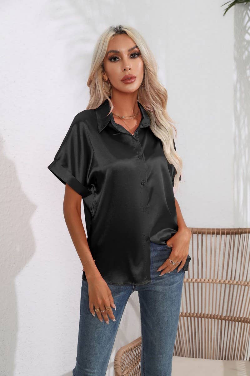 CWTBLS0406_Button Down Silky Satin Short Sleeve Top
