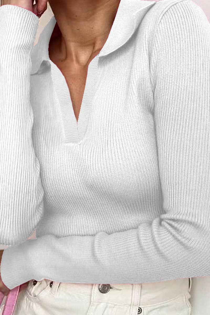 CWTBLL3774_POLO NECK NAVEL RIBBED KNIT LONG SLEEVE TOP