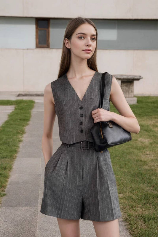 CWSTB2124_STRIPED V-NECK SLEEVELESS VEST & SHORTS SET