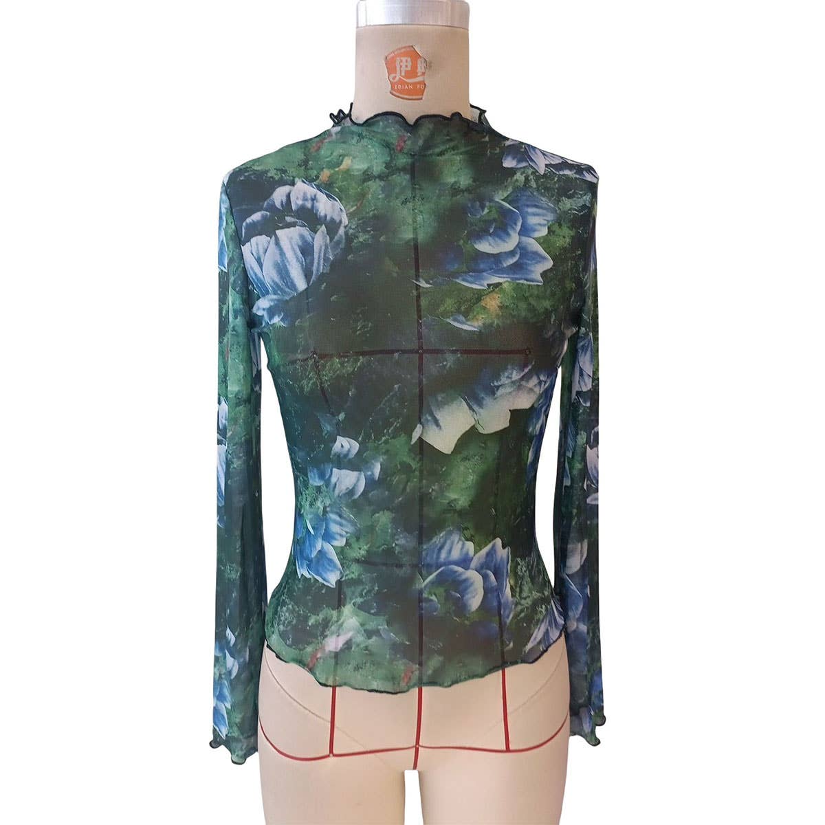 SEMI SHEER FLORAL PRINT MESH MOCK NECK TOP