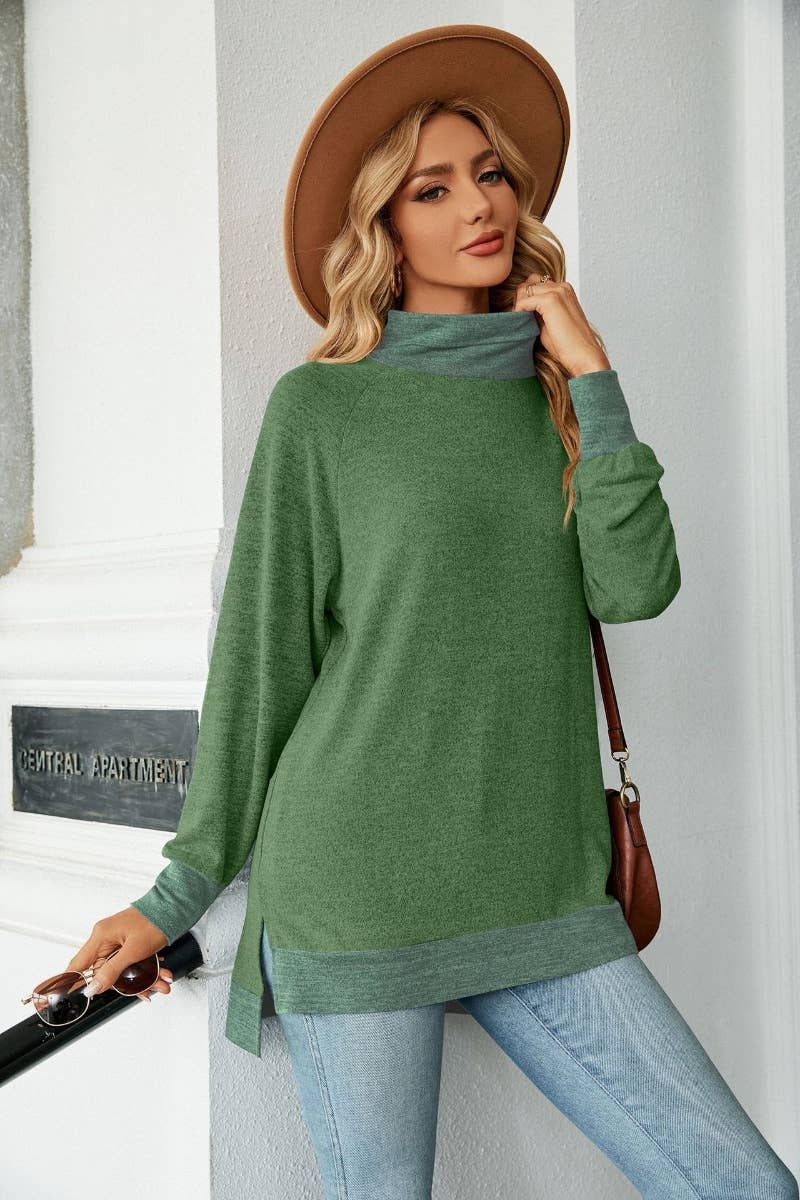 CWOSWL6537_HIGH-NECK CONTRASTING COLOR LONGSLEEVED SPLIT TOP