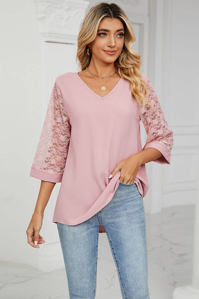CWTBLS0303_Lace 3/4 Sleeve V-Neck  Blouse
