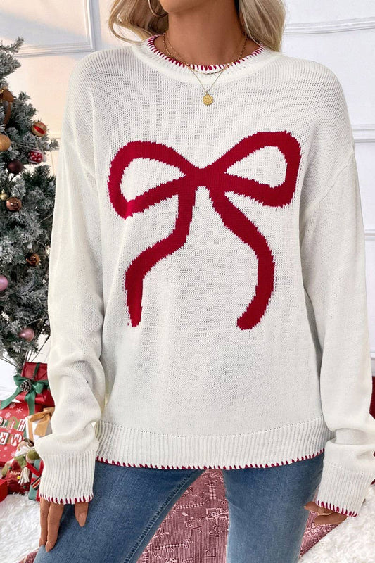 CWOSWL5861_BOW LONG SLEEVE CREWNECK CHRISTMAS SWEATER