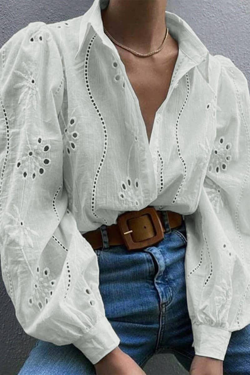 CWTSTL01000_CASUAL LOOSE HOLLOW OUT PUFF SLEEVE  TOP