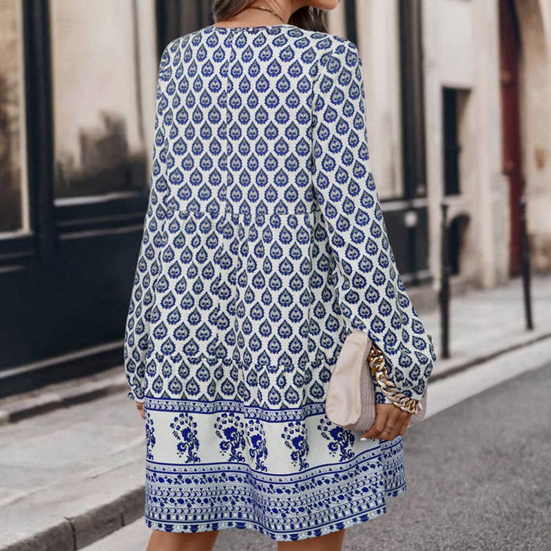 Bohemian-style loose lace-up prints dress
