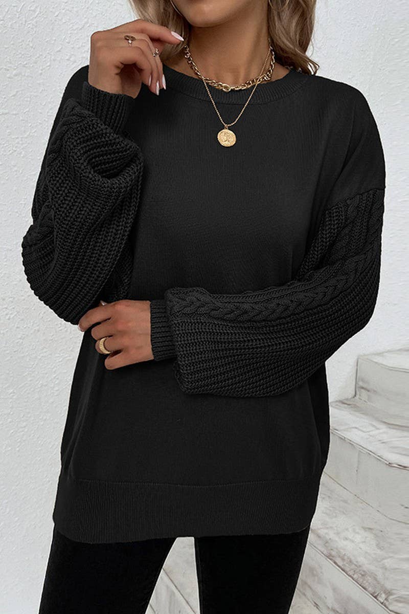 CWOSWL2945_SOLID COLOR CREW NECK CABLE KNIT SWEATER