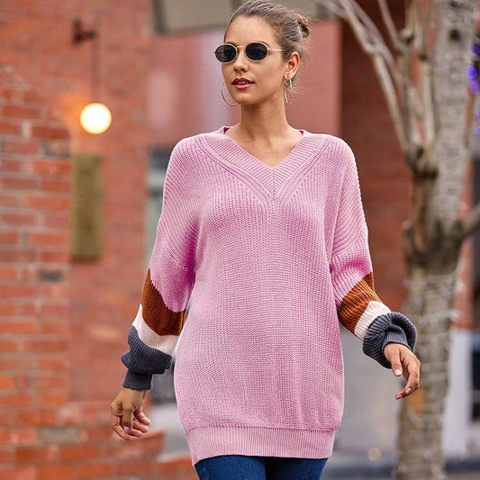 CHICKEN-NECKED LANTERN SLEEVE STRIPED SWEATER