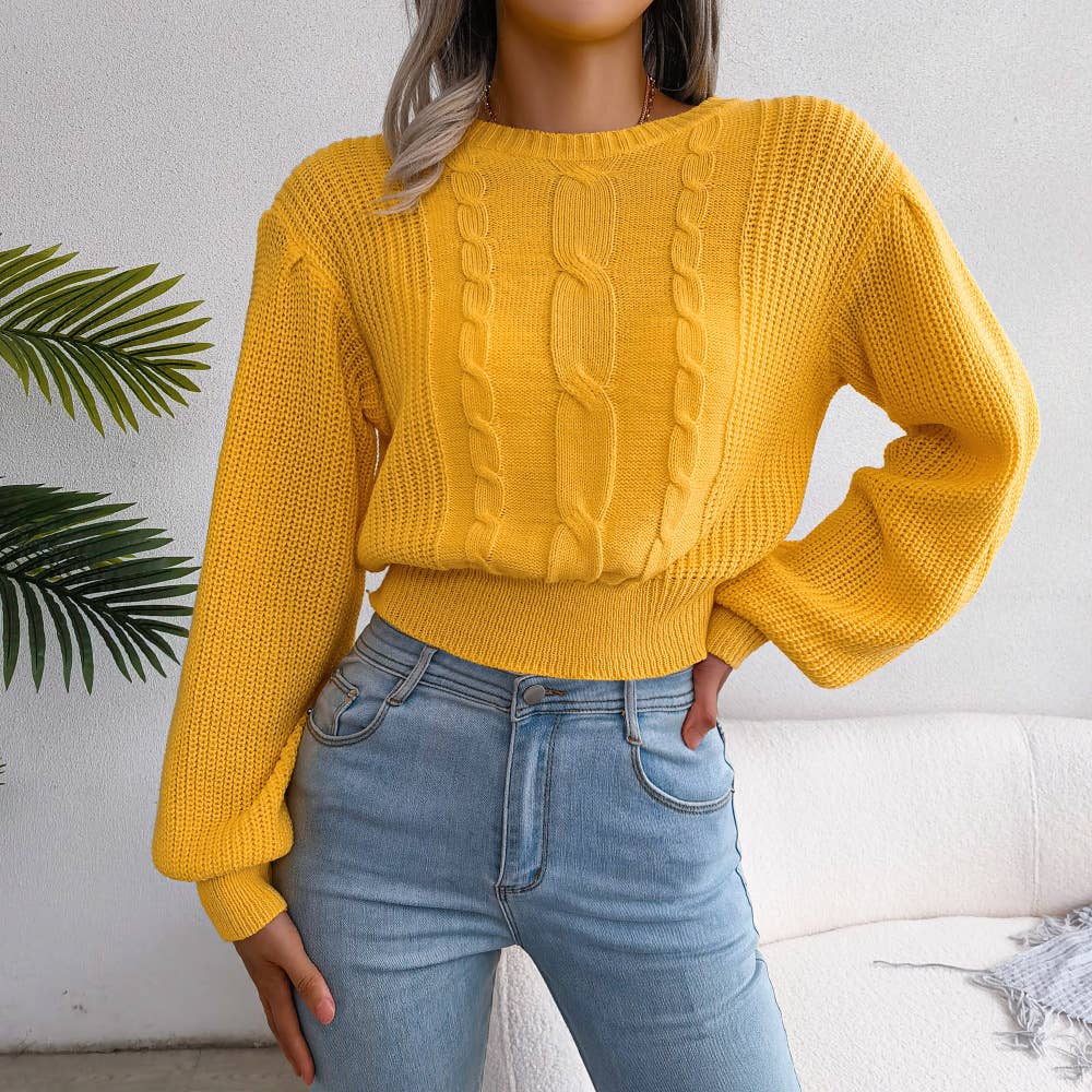 CASUAL TWIST LANTERN SLEEVE WAIST KNIT SWEATER