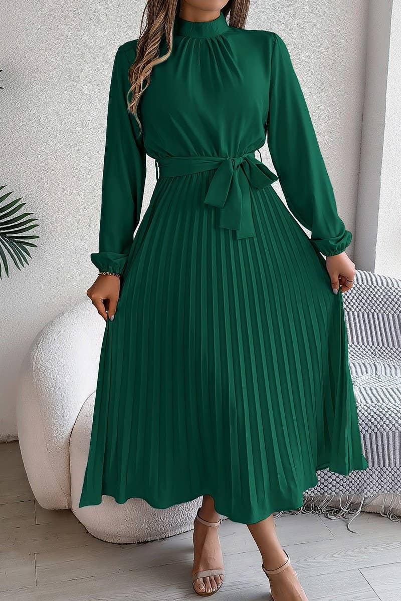 CWDMD3430_TIE STAND COLLAR PLEATED MAXI DRESS