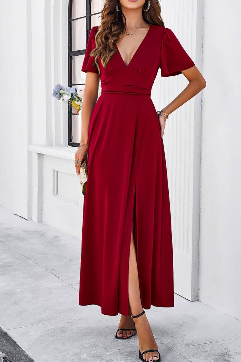 CWDMD1333_V-Neck Short Ruffle Sleeve Maxi Dress