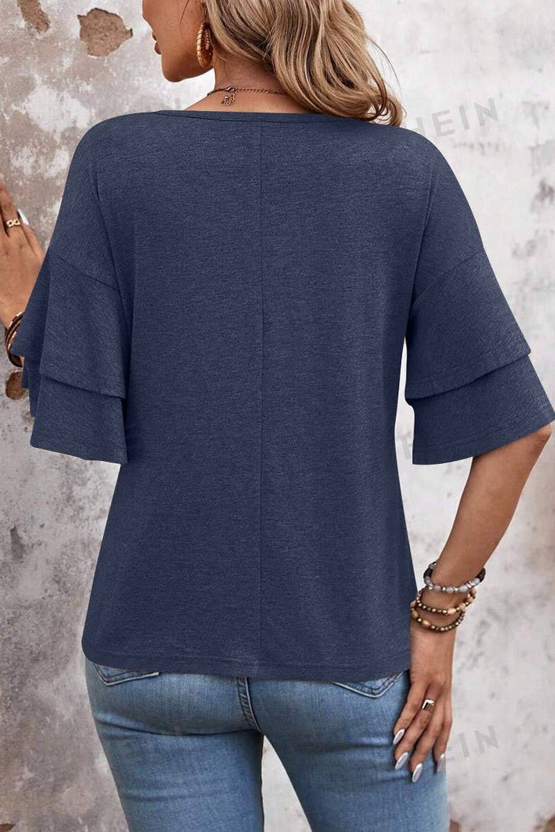 CWTBLS1614_SOLID COLOR V-NECK DOUBLE-LAYER SLEEVE T-SHIRT