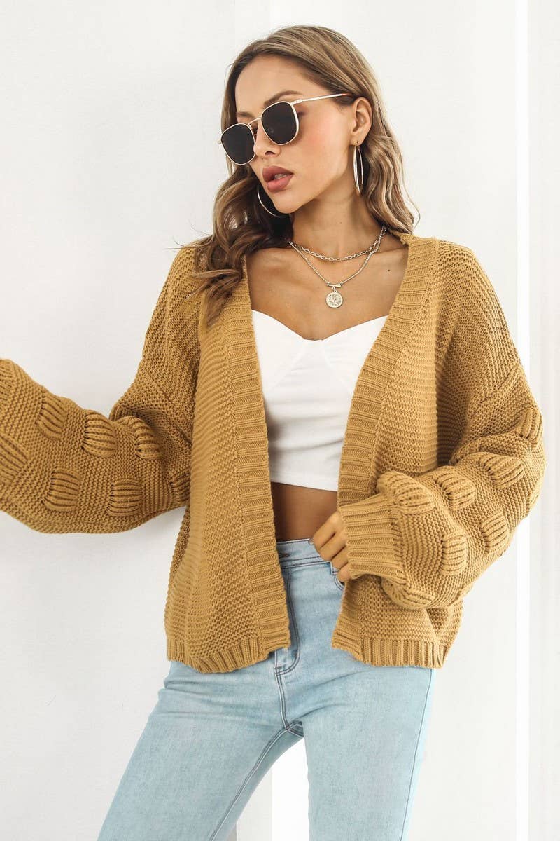 CWOCAL1191_3D LANTERN SLEEVE KNITTED CARDIGAN SWEATER