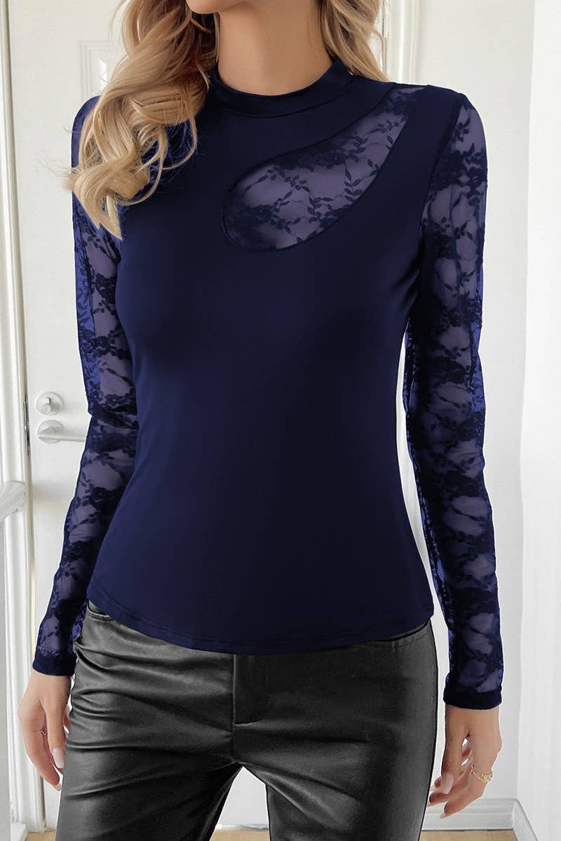 CWTBLL3508_LACE PATCHWORK LONG-SLEEVED BOTTOMING TOP